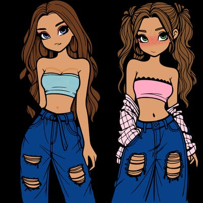 2 girls in crop tops and baggy jeans ripped