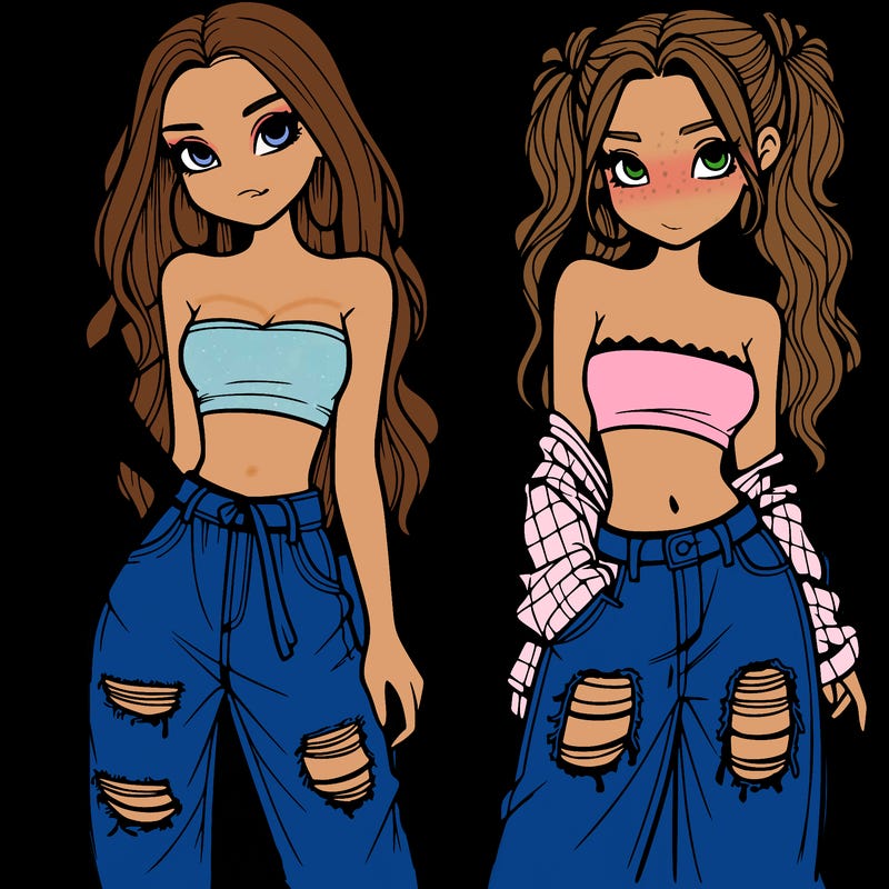 2 girls in crop tops and baggy jeans ripped