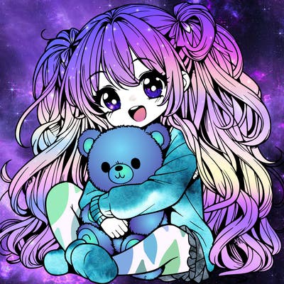 manga girl, long curly hair, happy, cuddling a teddy bear