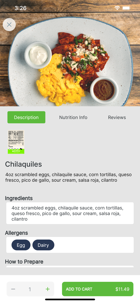 Descrição detalhada da refeição Chilaquiles no aplicativo Max Fit Meals mostrando ingredientes e alérgenos