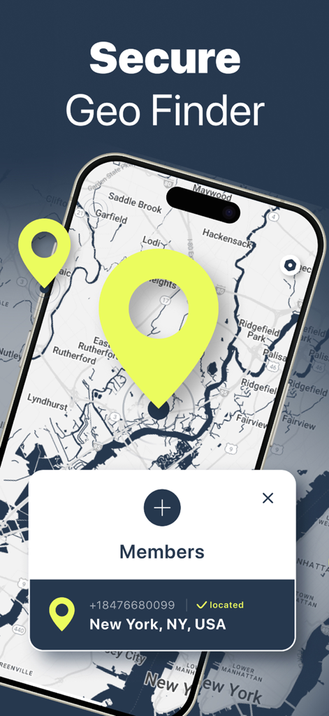 Geo Locator: Phone Tracking - Interfaz de la aplicación Localizador Geo que muestra un mapa con pines de ubicación y un miembro rastreado en Nueva York