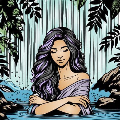 realistic female model under waterfall