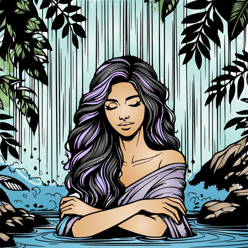 realistic female model under waterfall