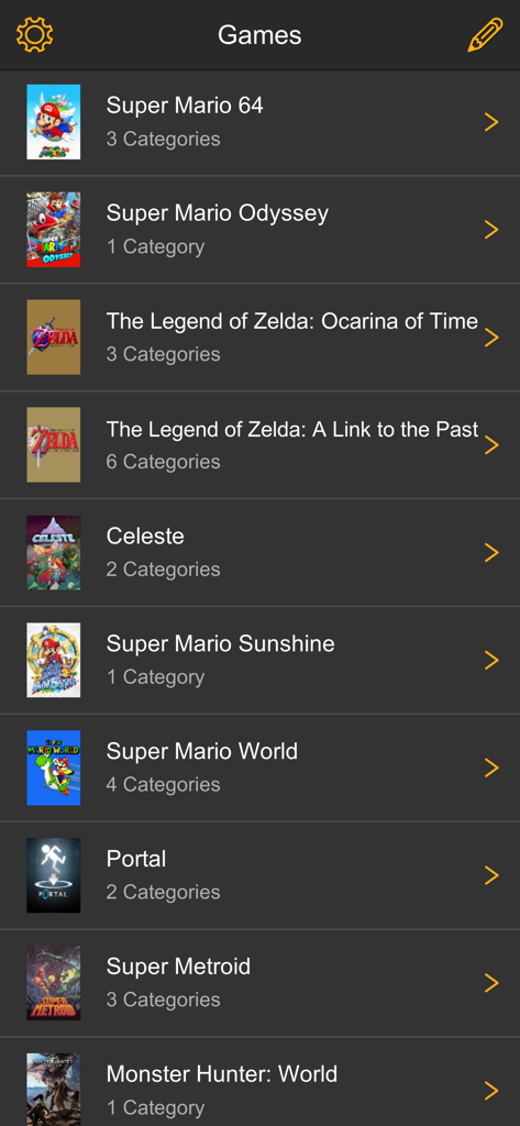 FramePerfect Speedrun Timer - A list of games in the FramePerfect Speedrun Timer app including Super Mario 64 and The Legend of Zelda with cover art and category counts.