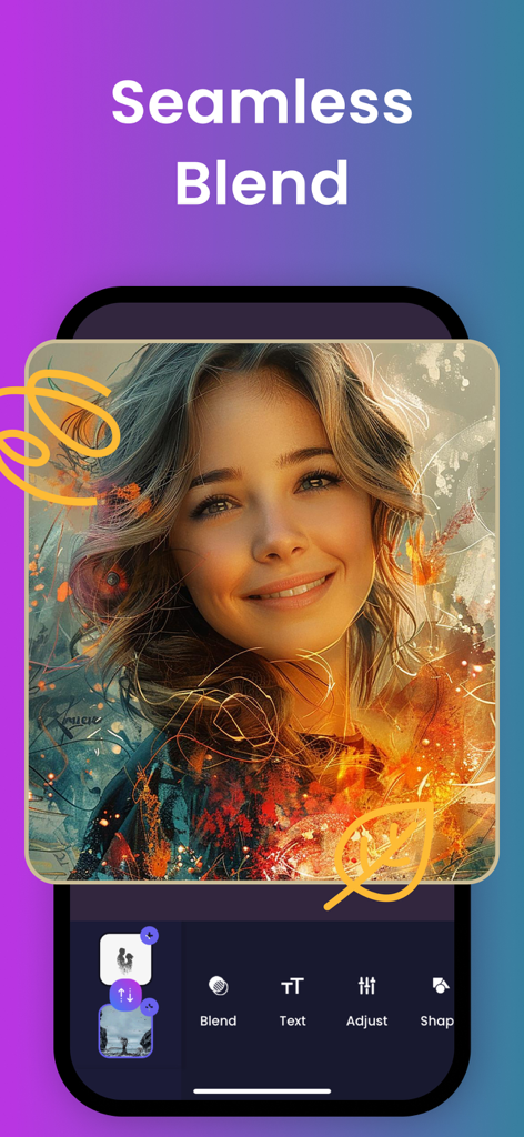 Uma tela de smartphone mostrando o aplicativo Photo Blend com um retrato criativo com uma mesclagem perfeita de texturas artísticas e um ícone de folha sobreposto.