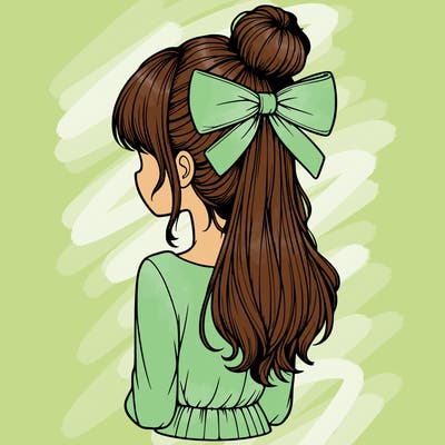 realistic girl  with hip length hair a bun and a big bow on the back of head