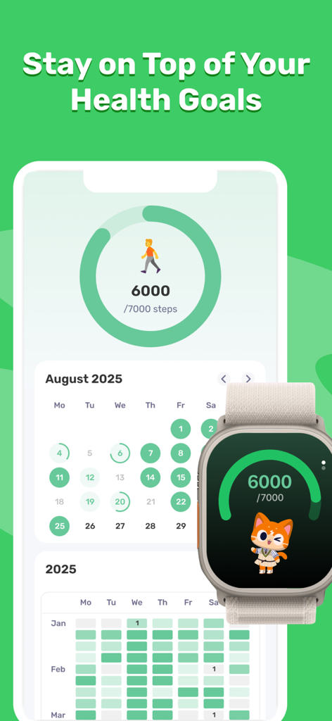 EaseMe:Self Care Pet Cat - EaseMe health goals screen showing step counter and Apple Watch integration with a cute cat.