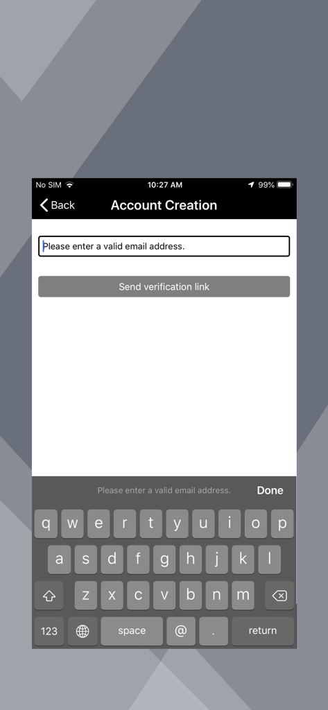 Indigo Nav - High contrast account creation screen for the Indigo Nav navigation app showing an email input field and send verification link button.