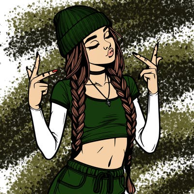 realistic teenage girl with braids and a beanie and crop top doing 🫶🏼