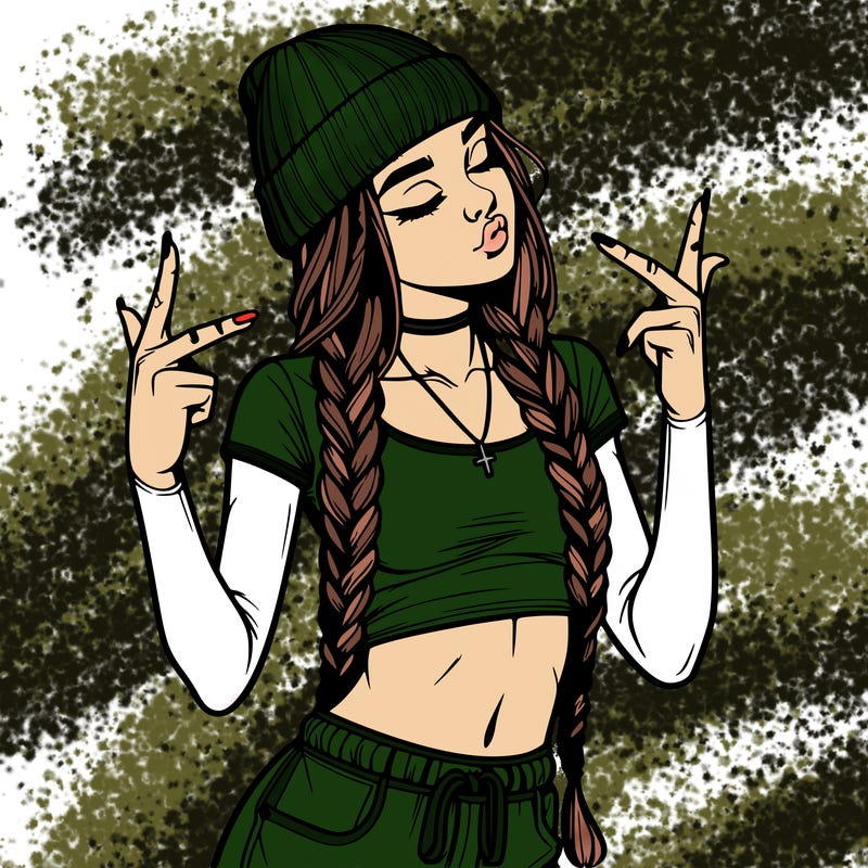 realistic teenage girl with braids and a beanie and crop top doing 🫶🏼