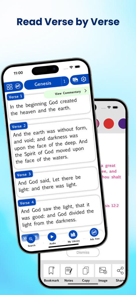 John Gill's Bible Commentary. - Mobile app interface showing Genesis chapter one read verse by verse with study tools