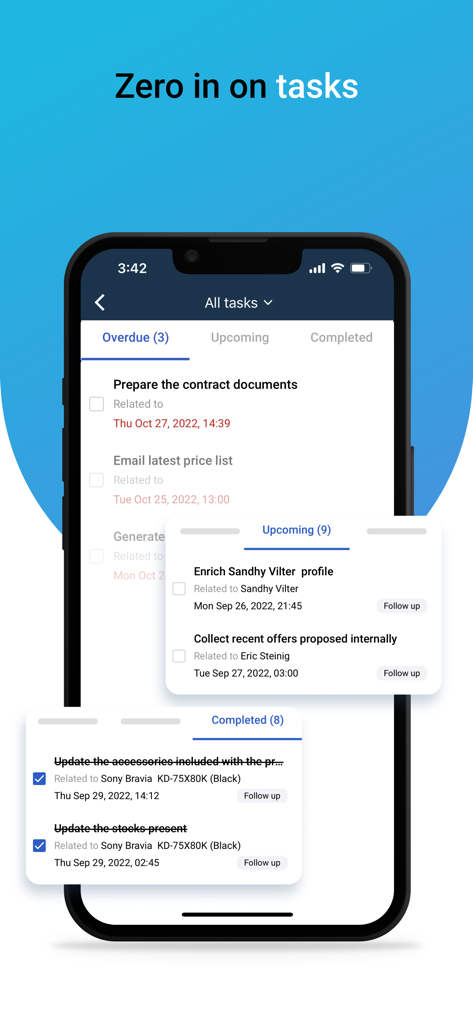 Freshsales - Interfaccia di gestione delle attività dell'app CRM mobile Freshsales che mostra attività in ritardo e imminenti