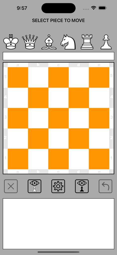 Blindfold Chess 5x5 - A minimalist 5x5 orange and white chess board interface for brain training