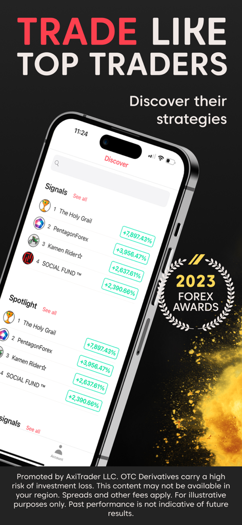 Axi Copy Trading - Axi Copy Trading App-Oberfläche mit den Top-Performern und ihren Strategieleistungszielen