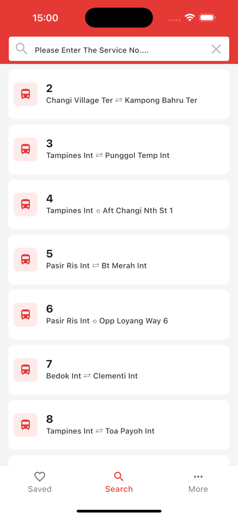 SG Bus Tracker app showing a list of Singapore bus services and a search bar