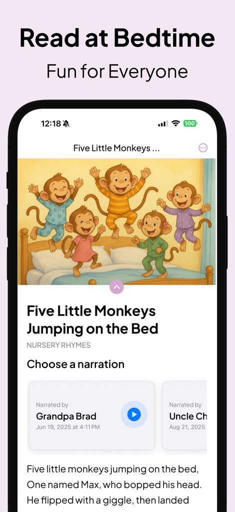 Story Time Together: Kid Books - A bedtime story app screen showing the book Five Little Monkeys with family voice narration options