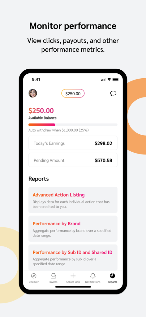 Tableau de bord des performances de l'application mobile Impact.com montrant le solde disponible et les rapports de gains