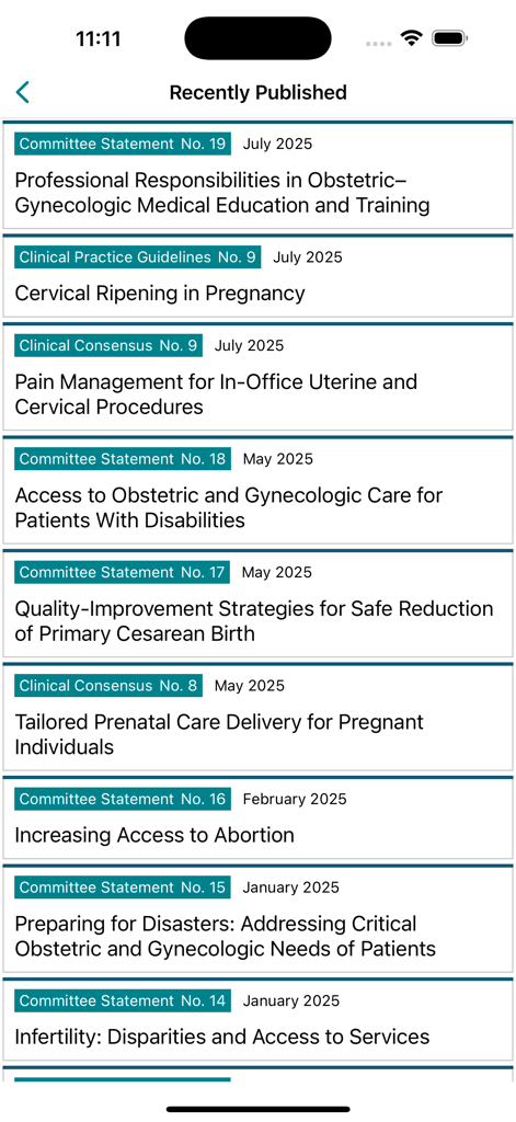 ACOG - List of recently published clinical guidelines and committee statements in the ACOG app
