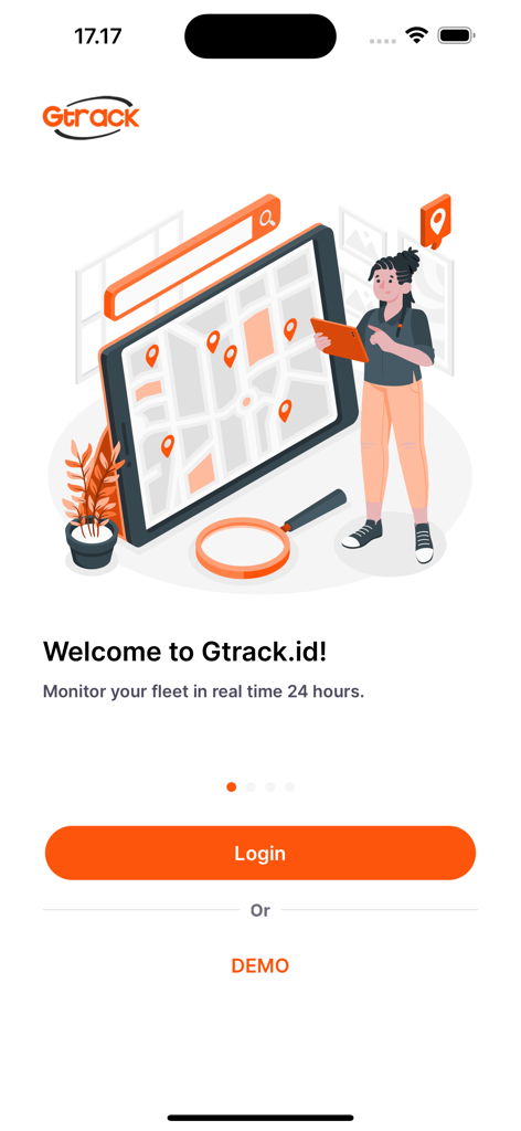 Tela de boas-vindas do aplicativo Gtrack GPS mostrando uma ilustração de monitoramento de frota e botão de login