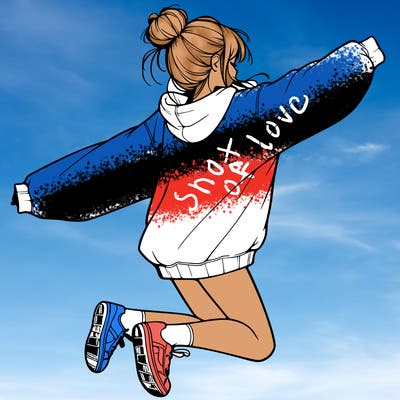 realistic girl jumping with a bun and oversized sweatshirt
