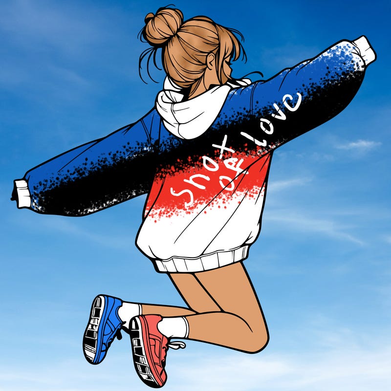 realistic girl jumping with a bun and oversized sweatshirt