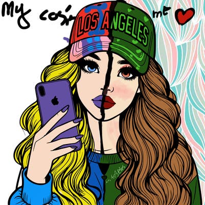 realistic beautiful girl wearing los ángeles cap holding an iphone