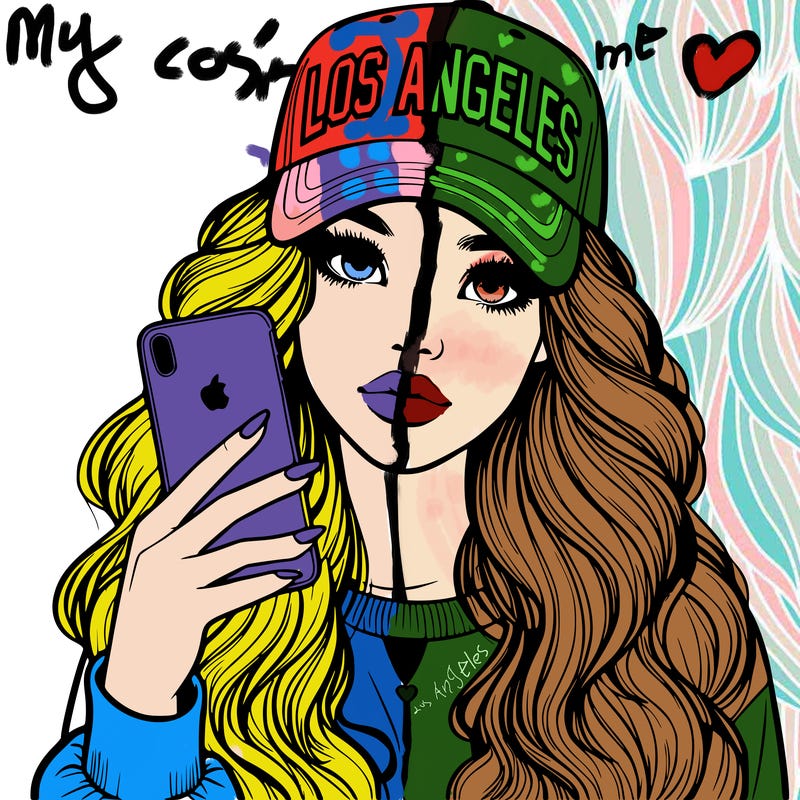 realistic beautiful girl wearing los ángeles cap holding an iphone