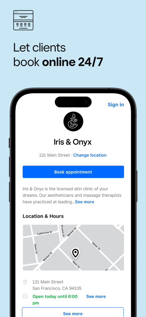 Square Appointments: Scheduler - Mobile app screen of Square Appointments showing a 24/7 online booking page for a service business