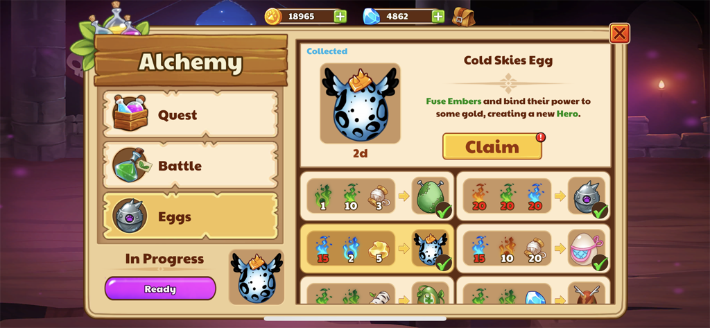 The alchemy menu in Castle Cats showing various egg crafting recipes and a collected Cold Skies Egg