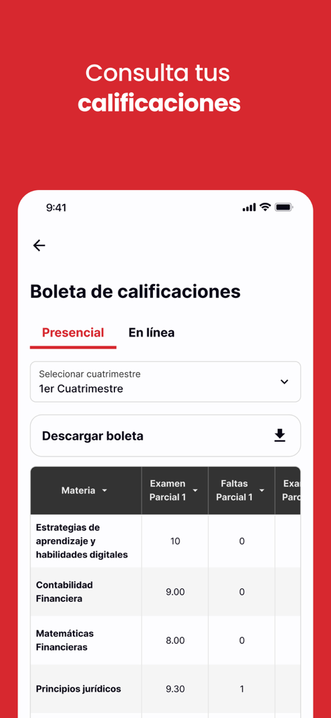 Una interfaz de aplicación móvil de Conexión Lince UVM que muestra un boletín de calificaciones de estudiante con notas y registros de asistencia.