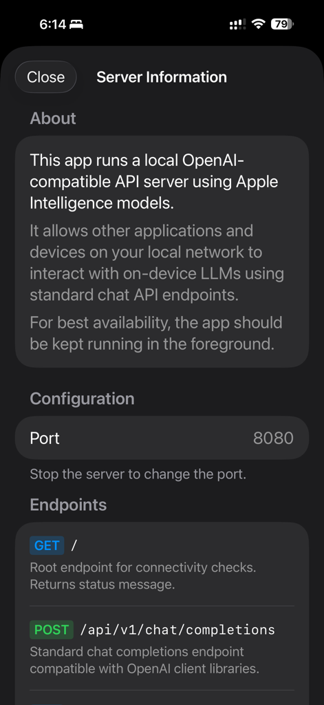 Pantalla de información del servidor mostrando la configuración de puertos y los puntos finales de API compatibles con OpenAI para Local LLM Server.