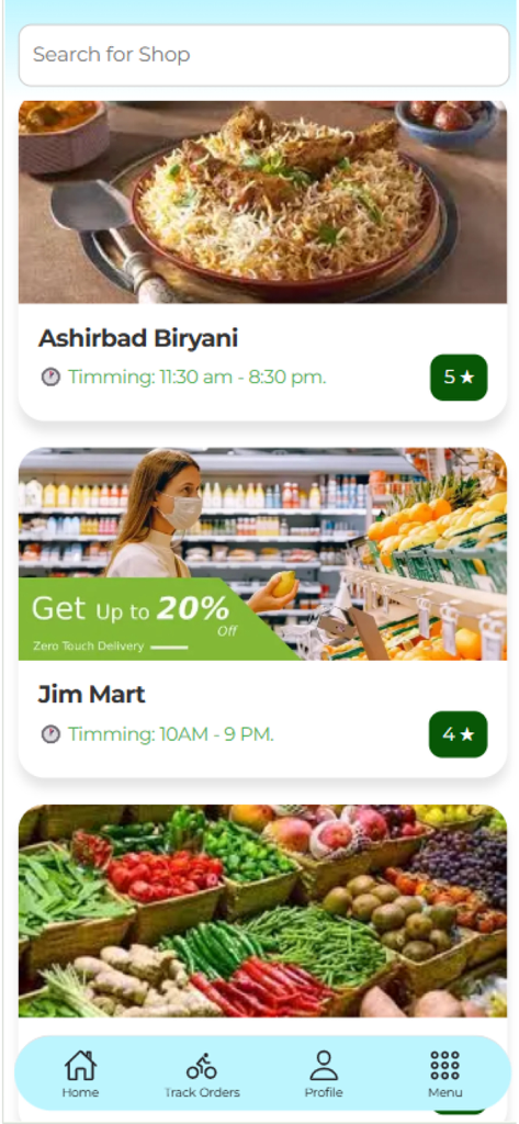 Golly - Delivery app - Golly 배달 앱 홈 화면에는 평점 및 배달 시간이 표시된 동네 음식 및 식료품 상점 목록이 표시됩니다.