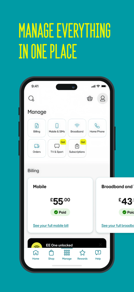 Interface of the EE app showing account management options and mobile billing summary