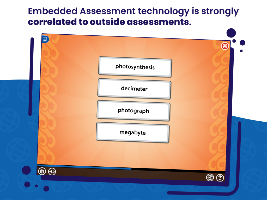 Lexia Core5 Reading - Educational vocabulary assessment screen in Lexia Core5 Reading showing word options like photosynthesis and megabyte