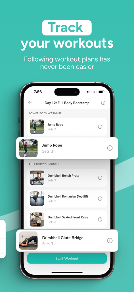 WeStrive - Mobile screen showing a full body bootcamp workout plan with exercise videos and descriptions in the WeStrive app