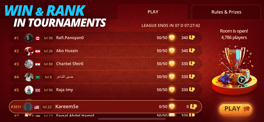 Tarneeb Masters - لعبة طرنيب - Tarneeb Masters tournament leaderboard showing player rankings levels and league progress