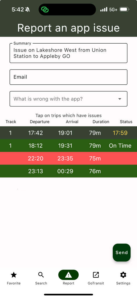 Uma tela móvel do aplicativo Go Rider permitindo que os usuários relatem problemas com viagens de trem específicas