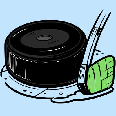 a realistic hockey puck and stick on ice