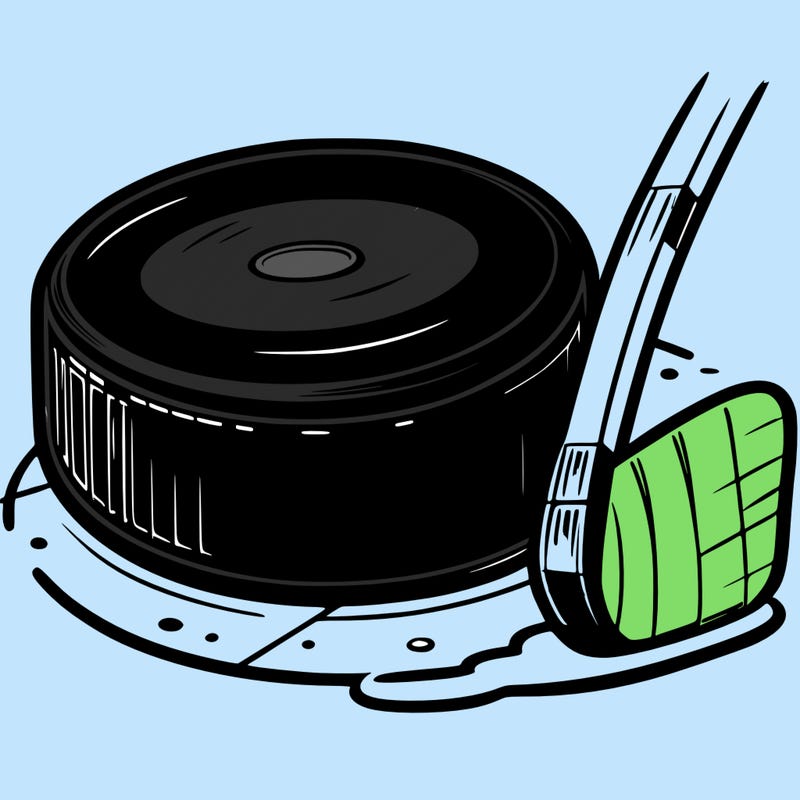 a realistic hockey puck and stick on ice