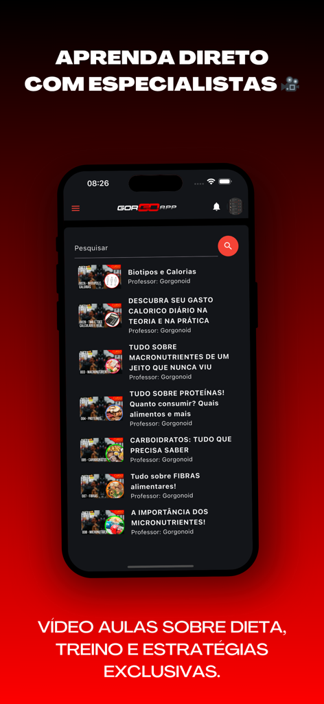 GorgoApp - Captura de tela do GorgoApp exibindo uma lista de lições de vídeo educacionais sobre nutrição e treinamento de fitness.