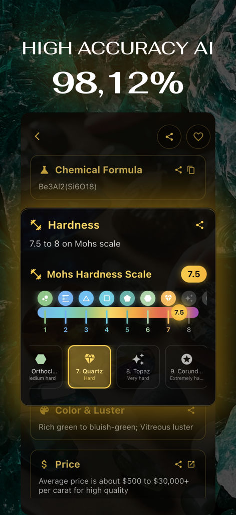 Rocks: Gemstone Identifier AI - Screenshot of the Rock Identifier AI app showing gemstone details like Mohs hardness scale and chemical formula with a high accuracy rating.