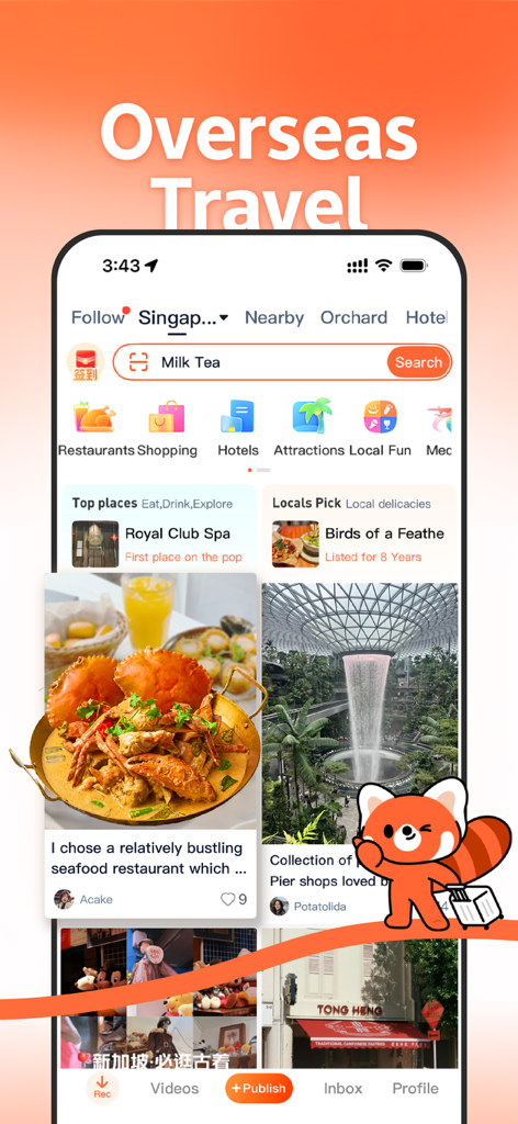 Screenshot dell'app Dianping che mostra raccomandazioni di viaggio all'estero per Singapore con foto di cibo e attrazioni locali