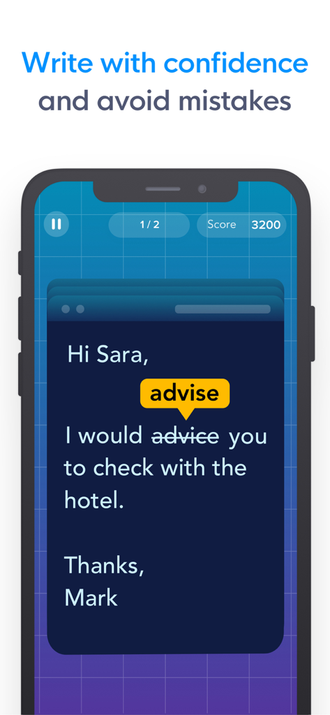 Screenshot dell'app MindPal che mostra un gioco di allenamento cerebrale per migliorare le abilità di scrittura e grammatica