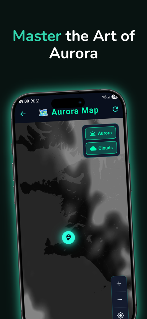 Aurora Vision - Mapa interativo de cobertura de nuvens e aurora dentro do aplicativo móvel Aurora Vision.