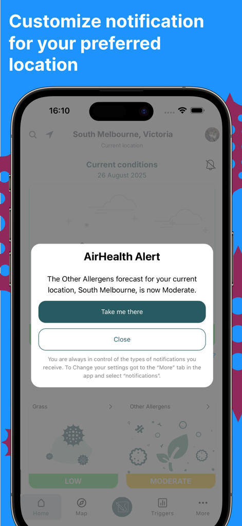 Canberra Pollen Count - Smartphone screen showing an AirHealth allergen alert notification for moderate conditions.