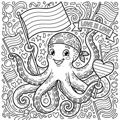 Embrace the spirit of Pride Month with this heartwarming coloring page featuring a cheerful common octopus. Adorned with festive flags, hearts, and a 'LOVE IS LOVE' banner, it's a perfect way to celebrate love and diversity.