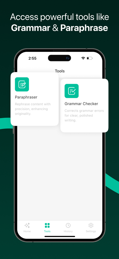 전문적인 패러프레이징 및 문법 검사 도구가 있는 모바일 앱 인터페이스