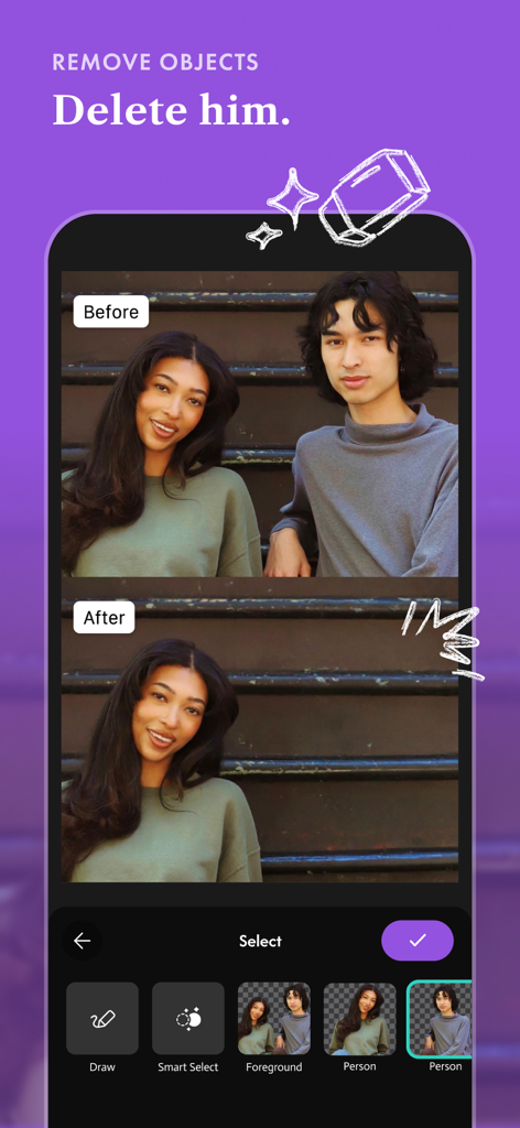 Screenshot showing the BEAM app object removal feature with a before and after comparison of deleting a person from a photo