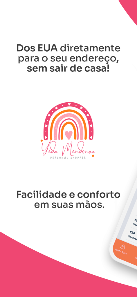 Tela introdutória do aplicativo Yeda Personal Shopper mostrando seu logo e slogan
