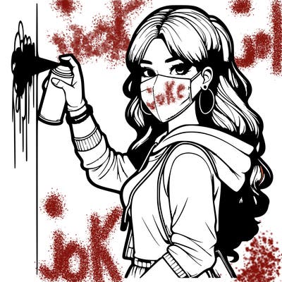 realistic girl with mask spray painting a wall